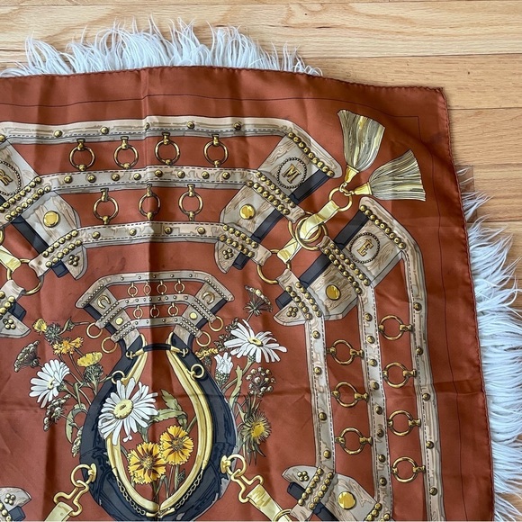 Hermès Vintage Brown Square Aux Champs Equestrian Floral Print Silk Scarf 90cm - Picture 7 of 12